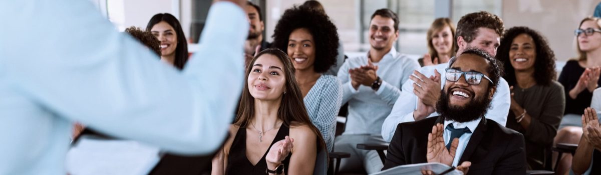 Business, people and applause for speaker presentation, presenter speech and corporate training with professional. Support, career seminar and company conference with employees, clapping and crowd.